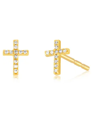 14k Yellow Gold Baby Diamond Cross Stud Earrings