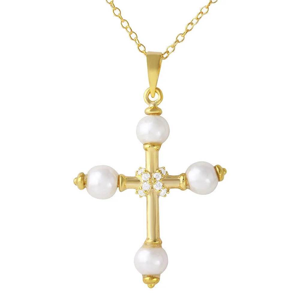 925 Silver 925 Gold Plated Cross with Synthetic Pearl Necklace - BGP01098