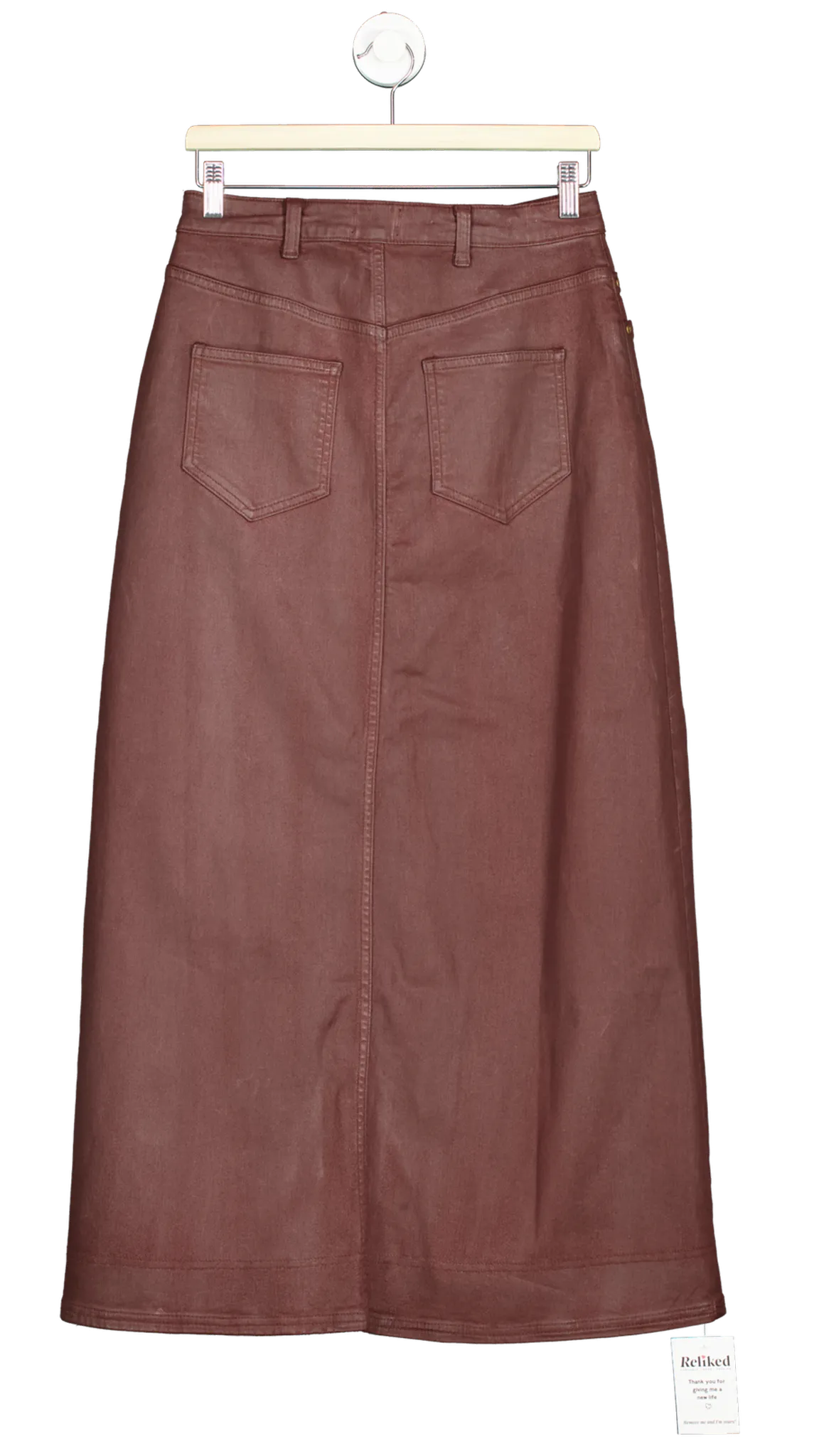 Anthropologie Pilcro Burgundy Denim Midi Coated Skirt Size UK 12