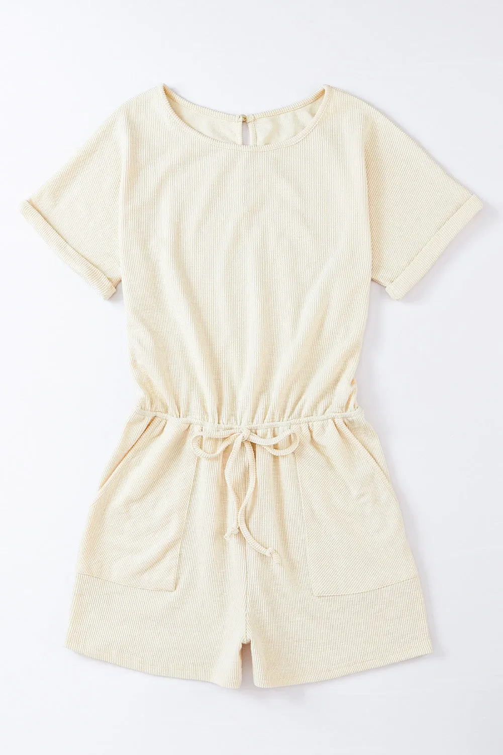 Beige Ribbed Elastic Waist Romper