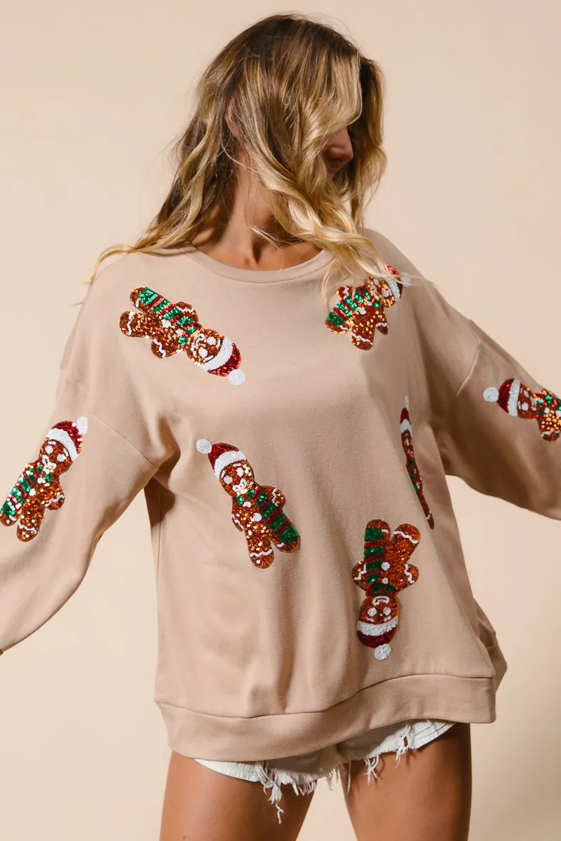 BiBi Christmas Fleece Top with Sequin Gingerbread Man Patches in Oatmeal ON ORDER