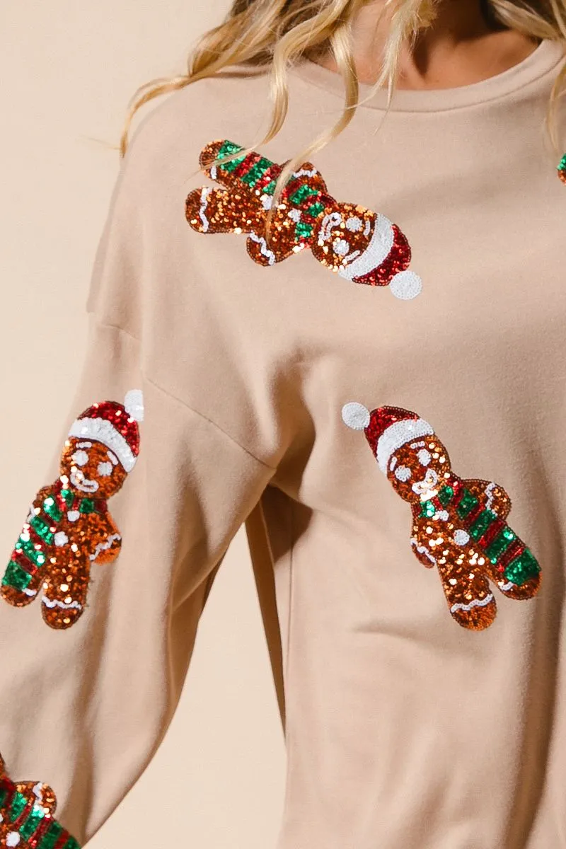 BiBi Christmas Fleece Top with Sequin Gingerbread Man Patches in Oatmeal ON ORDER