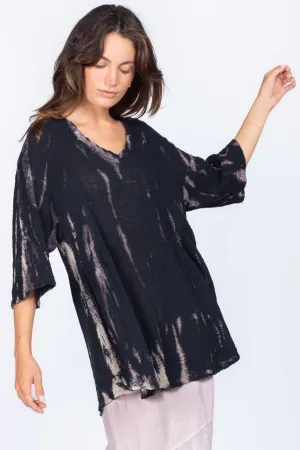 Black Discharge Dyed V-Neck Tunic