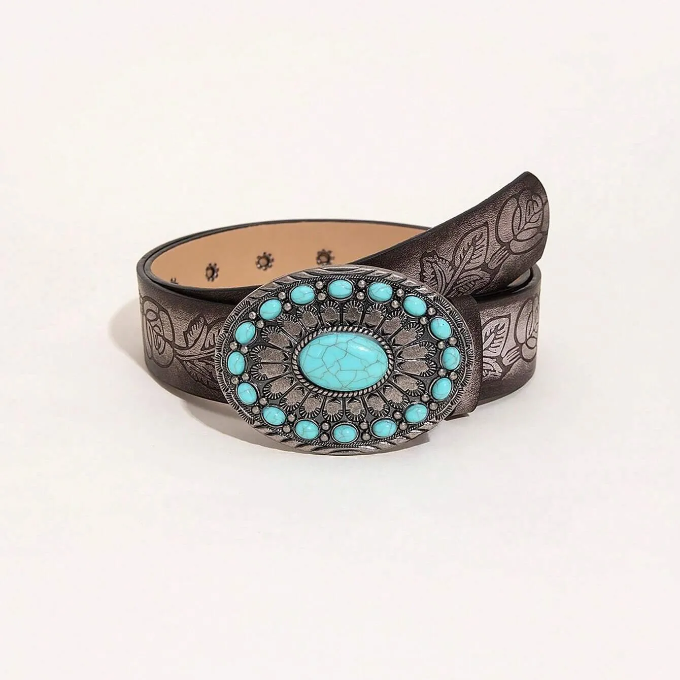 Brown Retro Leather Belt Women's Vintage Carved Buckle Belt