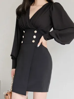 Button Embellished Long Sleeve Midi Dress