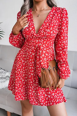 Casual Floral Split Joint Frenulum V Neck A Line Dresses