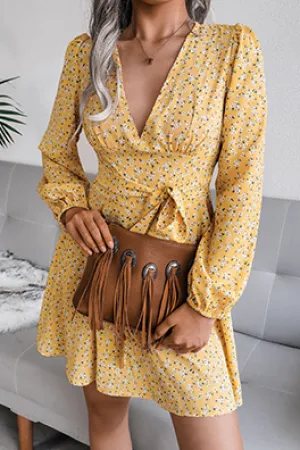 Casual Floral Split Joint Frenulum V Neck A Line Dresses