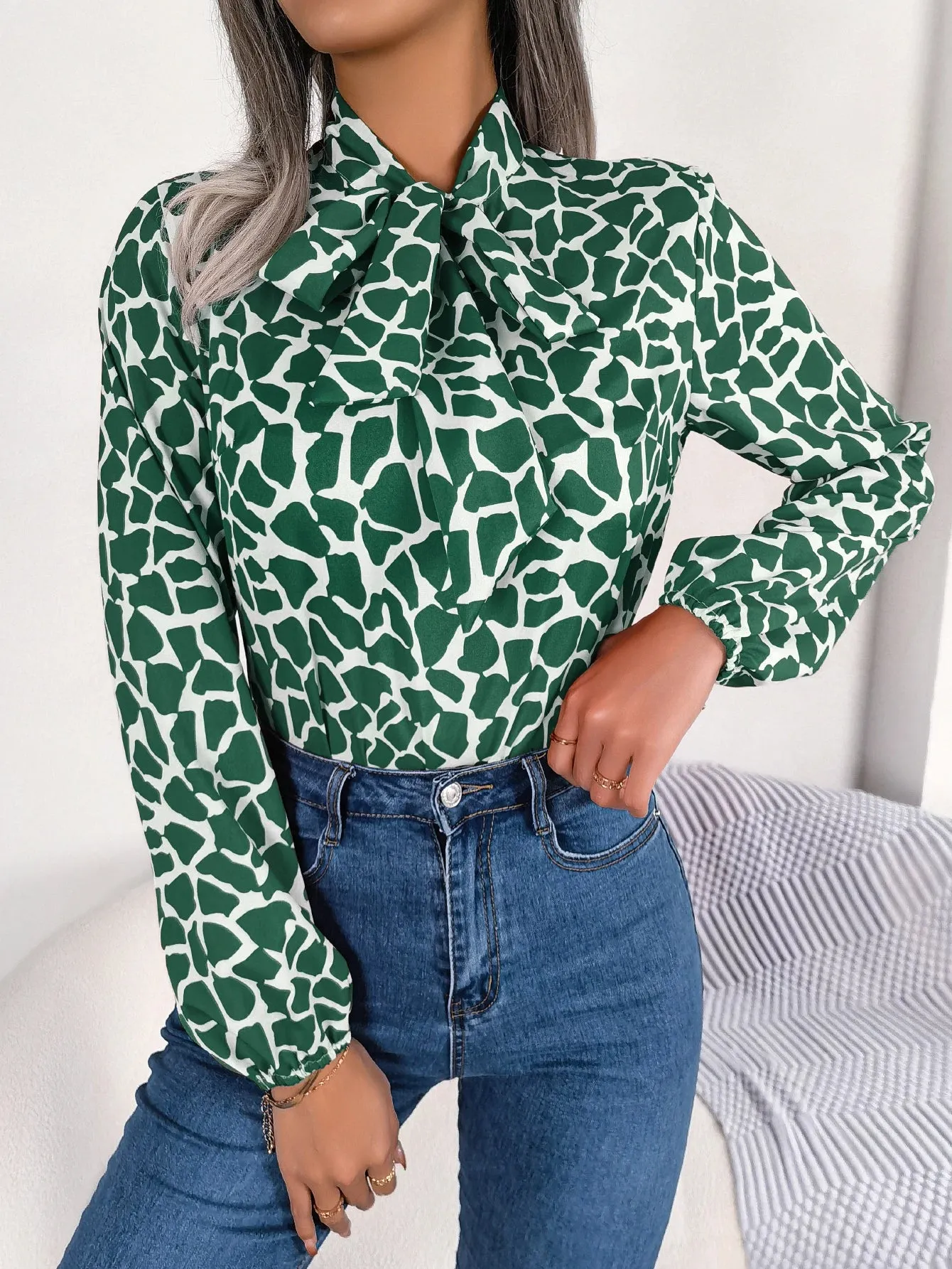 Casual Giraffe Print Tie-neck Long Sleeve Spring Fall Women's Blouse