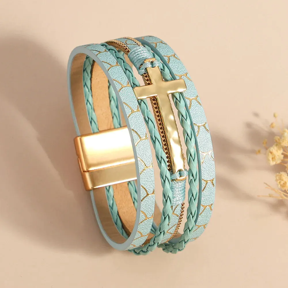 'Cross' Charm Cuff Bracelet - aqua