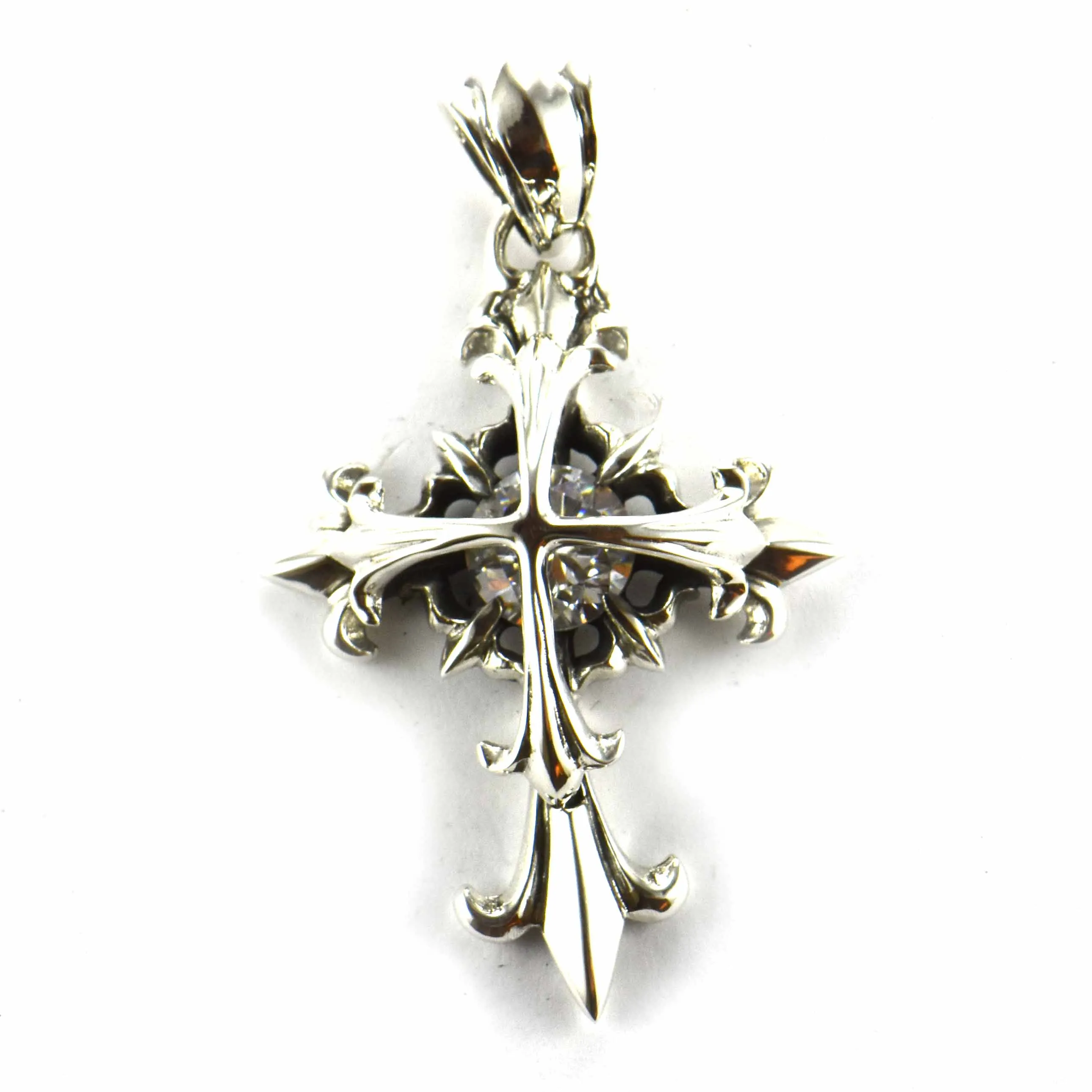 Double cross silver pendant with white CZ