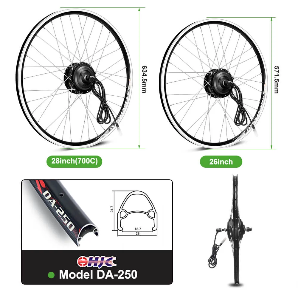 E-Bike Conversion Kit 36V 250W Black Front Motor Kit 26"/28" (700C) & HL1 36V 15.6Ah Battery Hub Motor Conversion Kit DIY