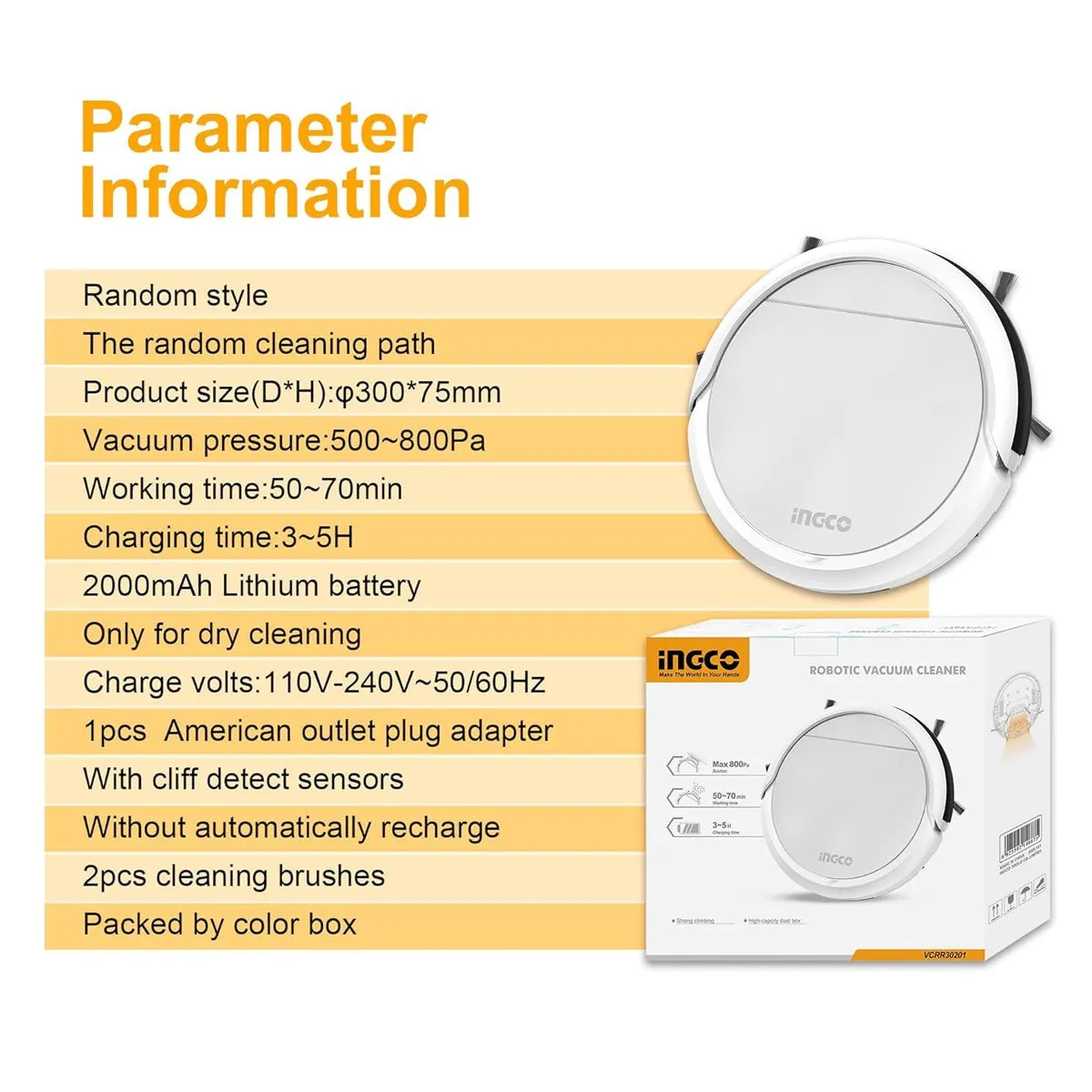 Ingco VCRR30201 Robotic Vacuum Cleaner VCRR | Efficient Cleaning with 2000mAh Lithium Battery, Anti-Winding, and Cliff Detect Sensors