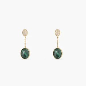 Malachite Oval Charm Silver Drop Earrings