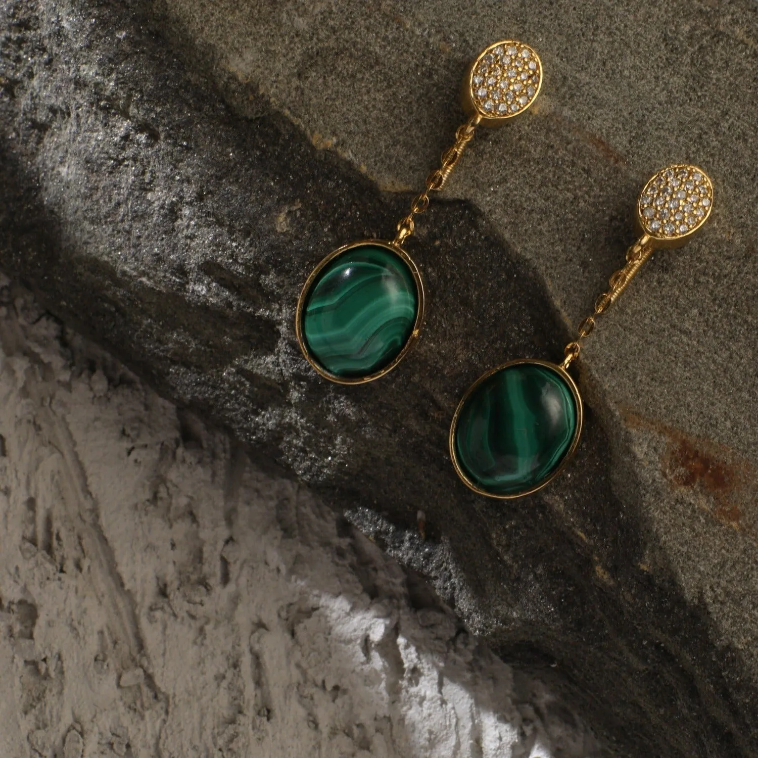 Malachite Oval Charm Silver Drop Earrings