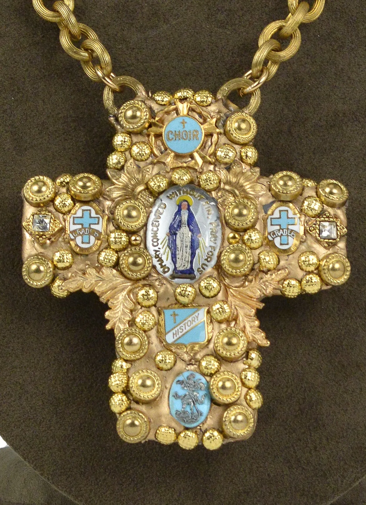 MINADEO VIRGIN MARY CROSS & ENAMEL MEDALS  NECKLACE