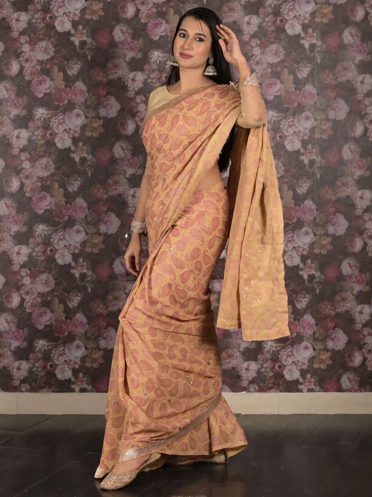 Odette Beige Embroidered Georgette Saree Without Blouse For Women