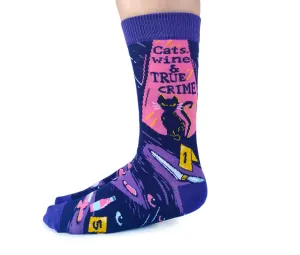 "Cats, Wine & Crime" Cotton Crew Socks by Uptown Sox - Medium