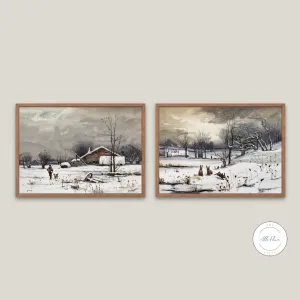 Set Of 2 Vintage Winter Landscape Horizontal Wall Art PRINTABLE ART, Neutral Wall Art, French Country, Winter Scene Snowy Landscape Painting