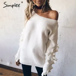 Simplee Ruffle knitted sweater women pullover female Casual loose round neck winter sweater Autumn pull femme knit jumper